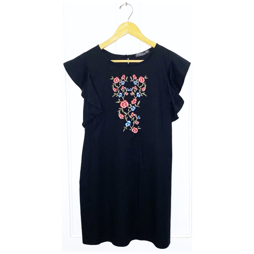 Potter’s Pot size S black boho floral embroidered whimsy ruffle mini shift dress